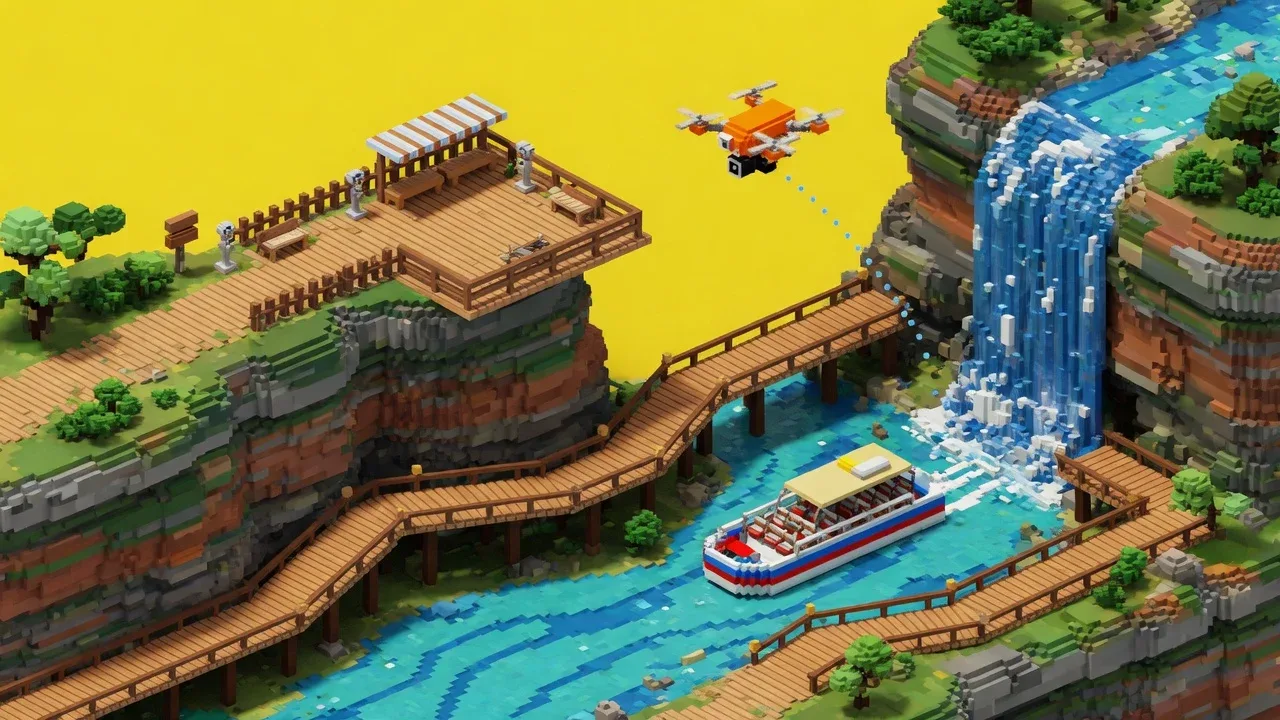 Cânion de ecoturismo com passarela suspensa e barco de passeio em vista isométrica voxel