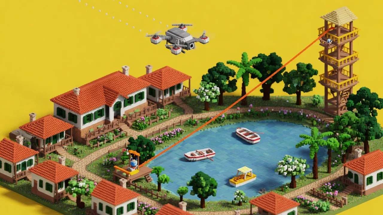 Hotel-fazenda com chalés coloniais e lago em vista isométrica voxel