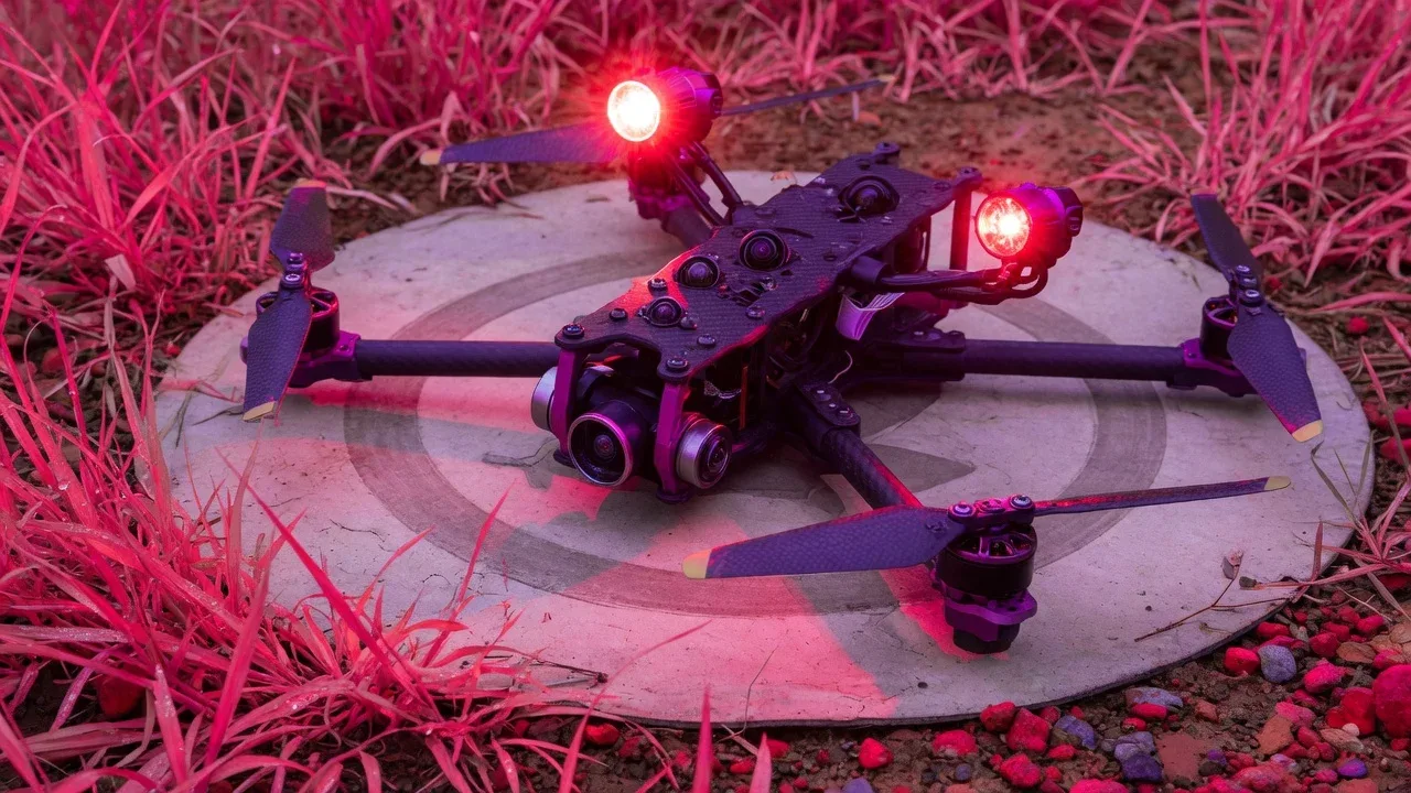 Drone profissional equipado com luz estroboscópica anticolisão pronto para decolagem noturna