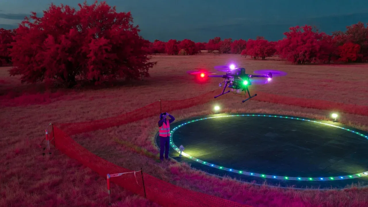 Base de decolagem iluminada no solo com balizas de segurança e estação de monitoramento