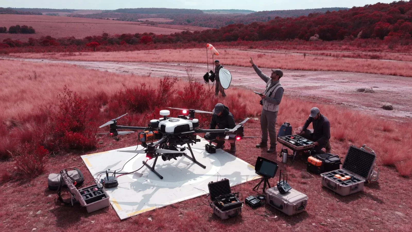 Equipe técnica realizando operação de voo noturno de drone com iluminação de apoio em campo