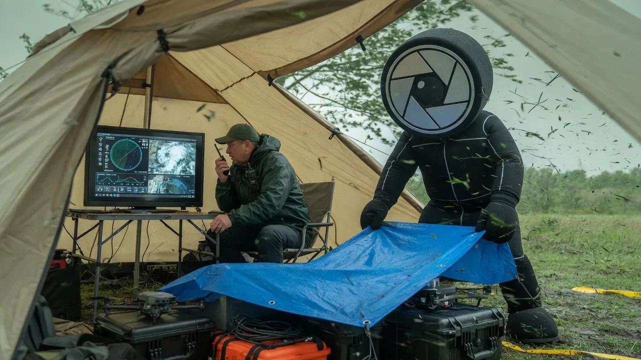 Estação de monitoramento de voo em tenda de campo com piloto conferindo radar e mascote da casa