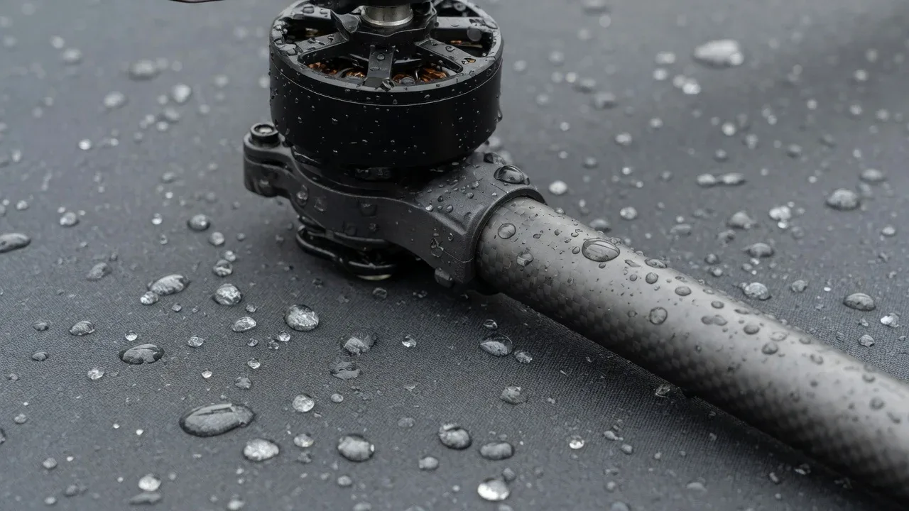 Detalhe em close de carcaça de fibra de carbono de drone após chuva leve com hélices travadas