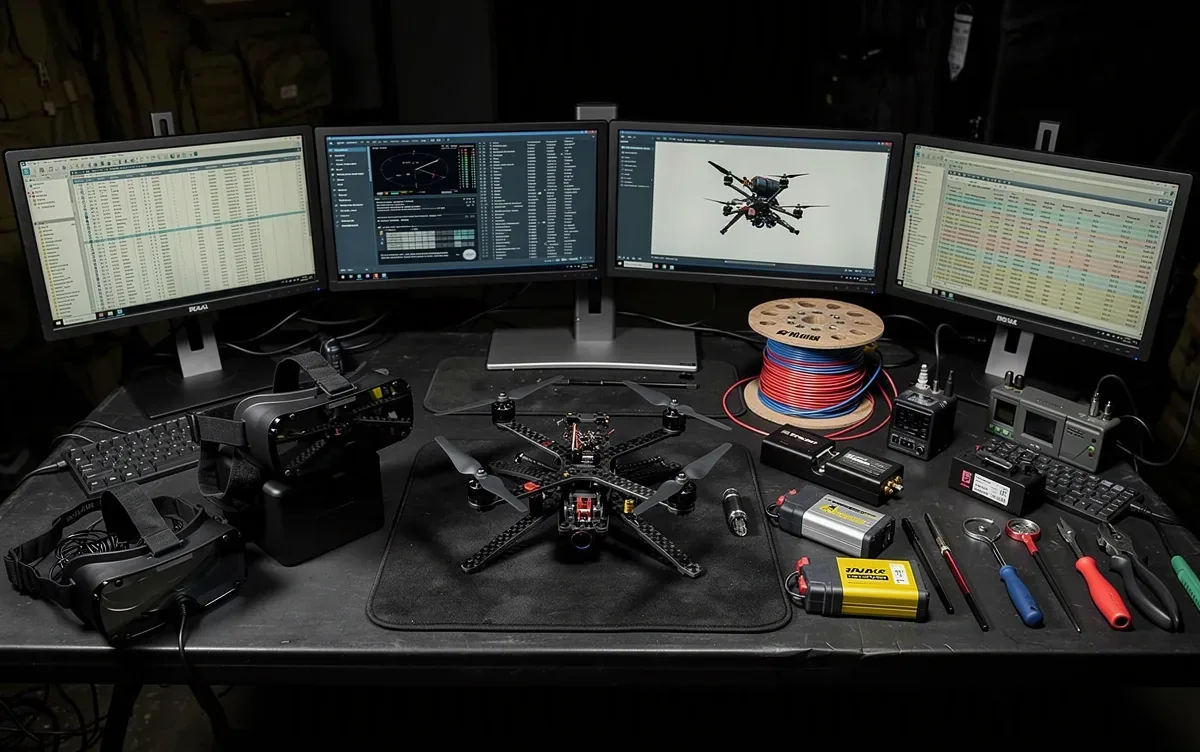 Base de operações de drones FPV com monitores e equipamentos