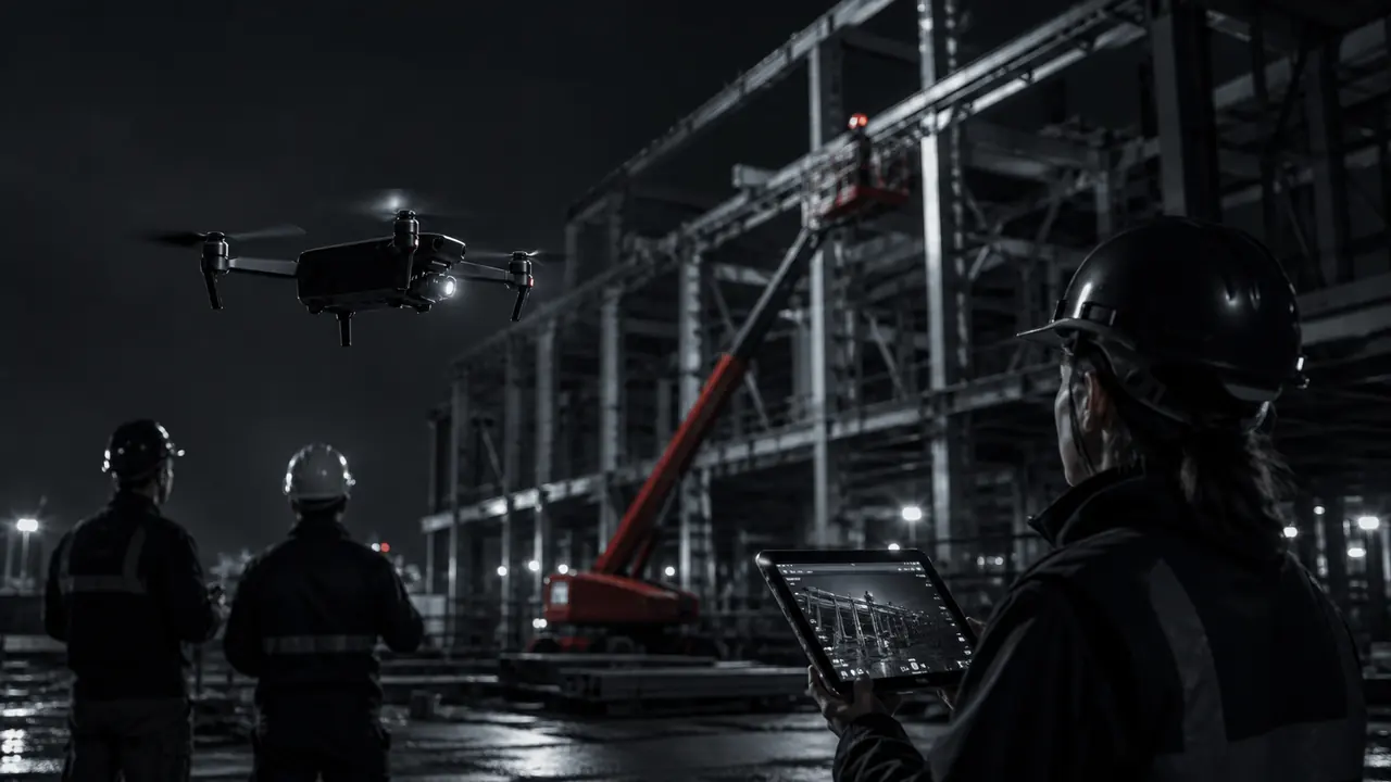 Drone FPV em voo baixo sobre complexo turístico brasileiro com equipe de apoio ao fundo