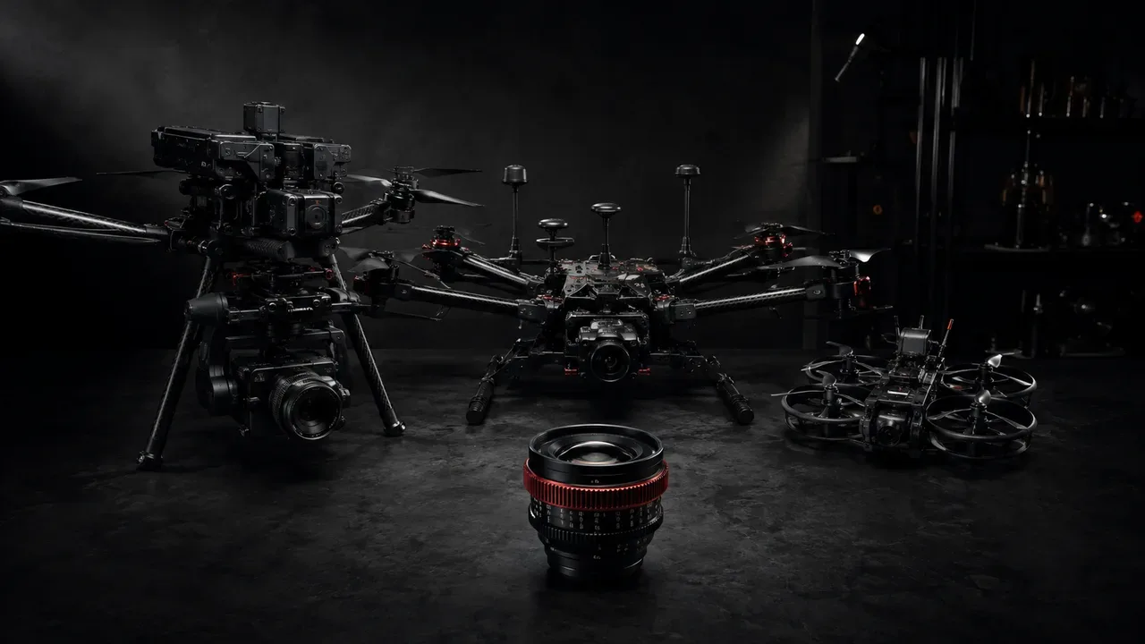 Três plataformas de drones para filmagem alinhadas em bancada de estúdio ao lado de lente de cinema com anel carmim