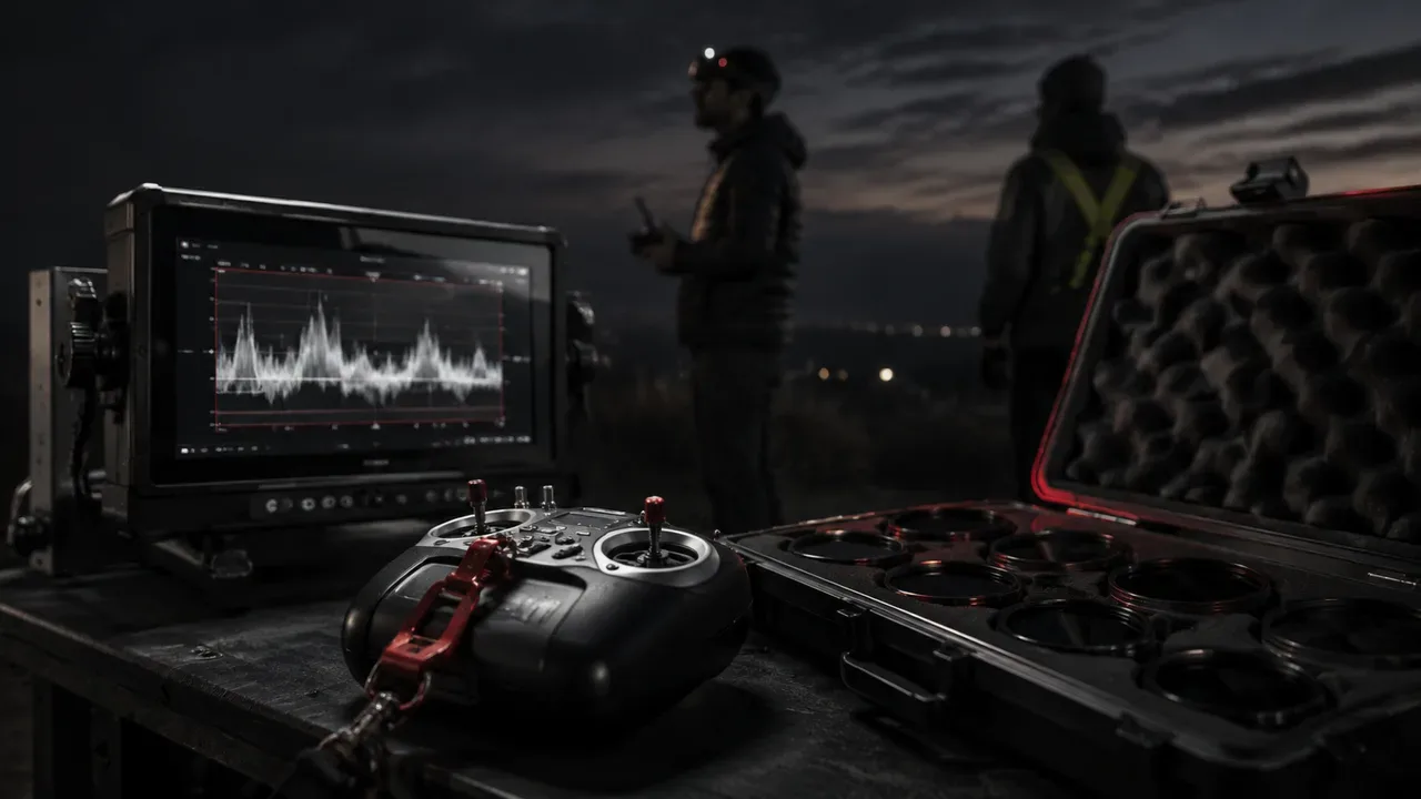 Estação de controle em solo para filmagem com drone no crepúsculo exibindo monitor de exposição e rádio com presilha carmim