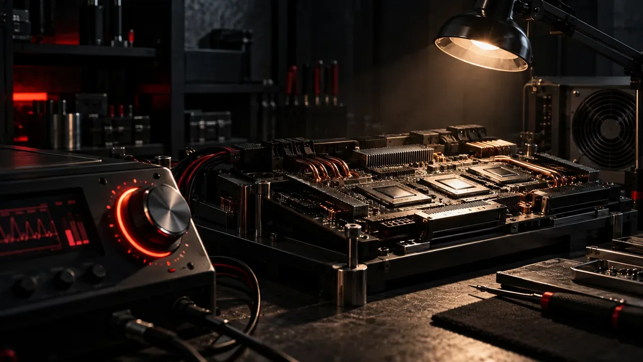 Bancada técnica de engenharia de hardware de inteligência artificial com luminária industrial articulada focando componentes