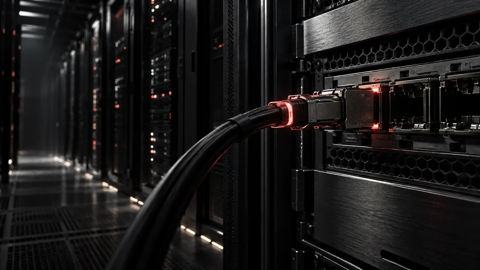 Rack de servidores de computação em data center com cabo óptico com anel indicador de status em primeiro plano