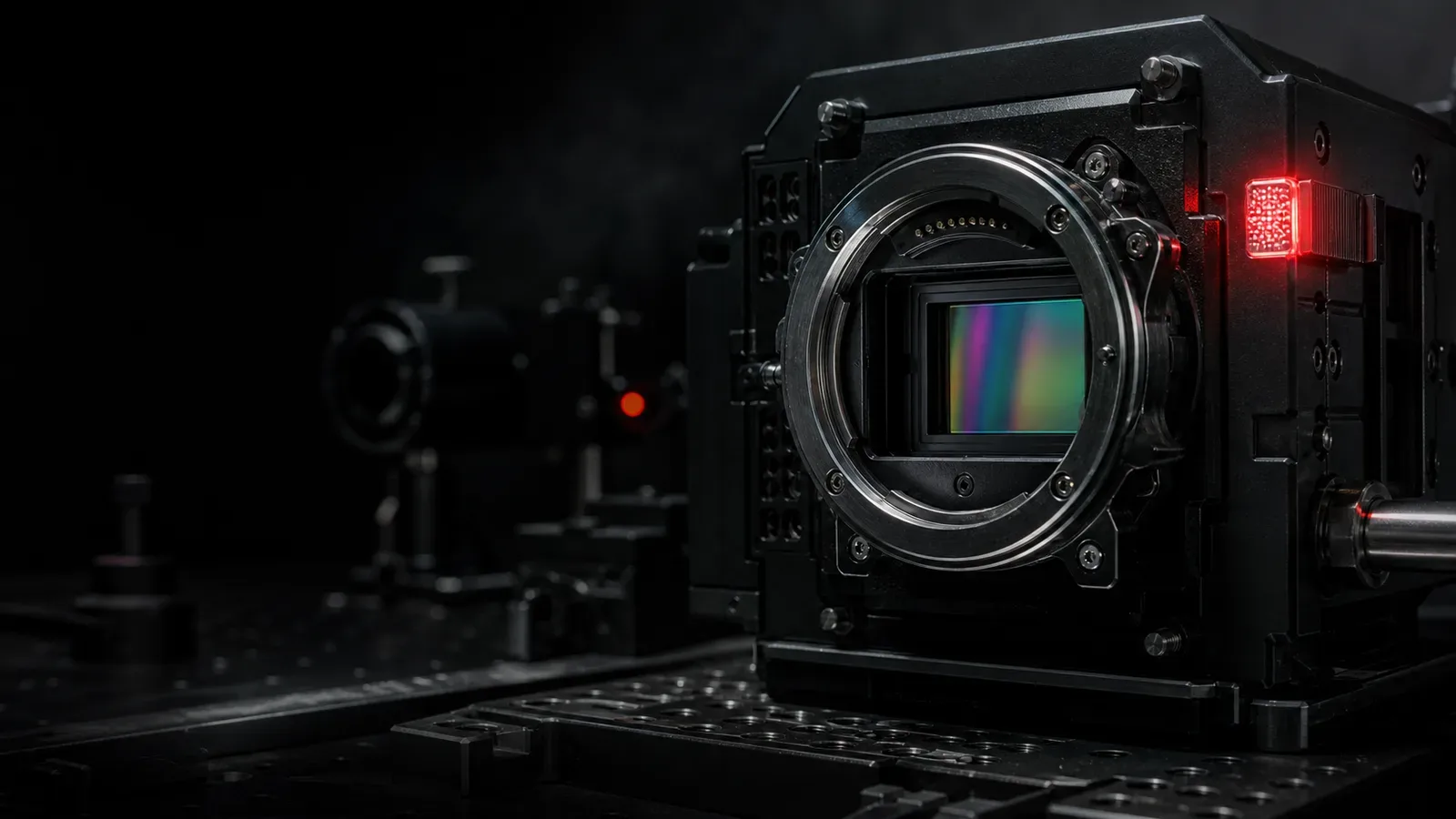 Macro do bocal de montagem e sensor CMOS de câmera de cinema digital com indicador de tally light vermelho em bancada óptica
