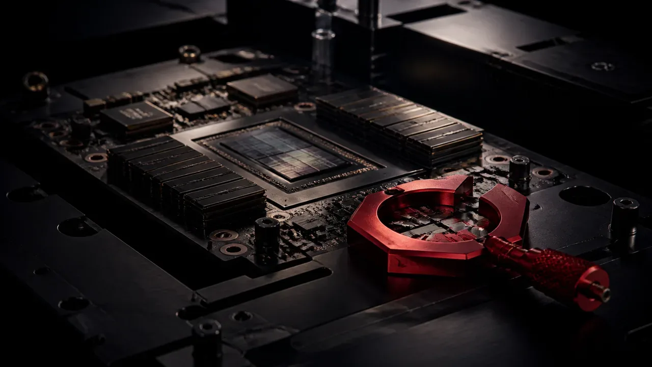 Bancada de testes de engenharia com chip acelerador de IA e ferramenta de diagnóstico carmim sob iluminação dramática