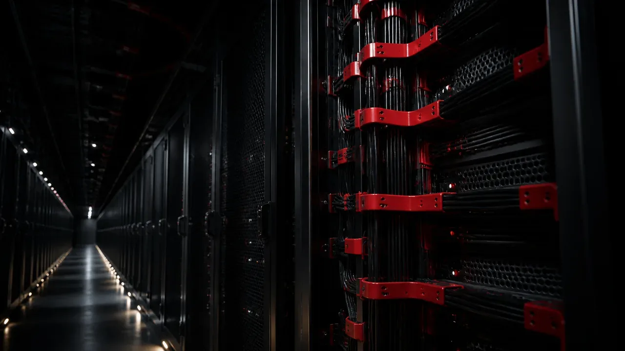 Corredor técnico de datacenter de inteligência artificial com gabinetes de servidores e organizadores de cabo carmim em perspectiva cinematográfica