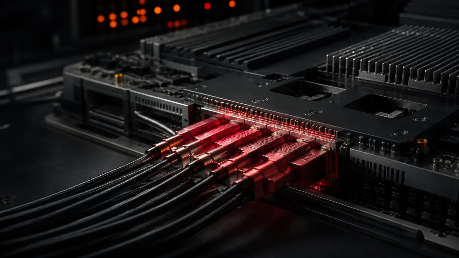 Nó de servidor de supercomputador de IA com cabeamento óptico de alta velocidade e conectores carmim sob iluminação industrial chiaroscuro