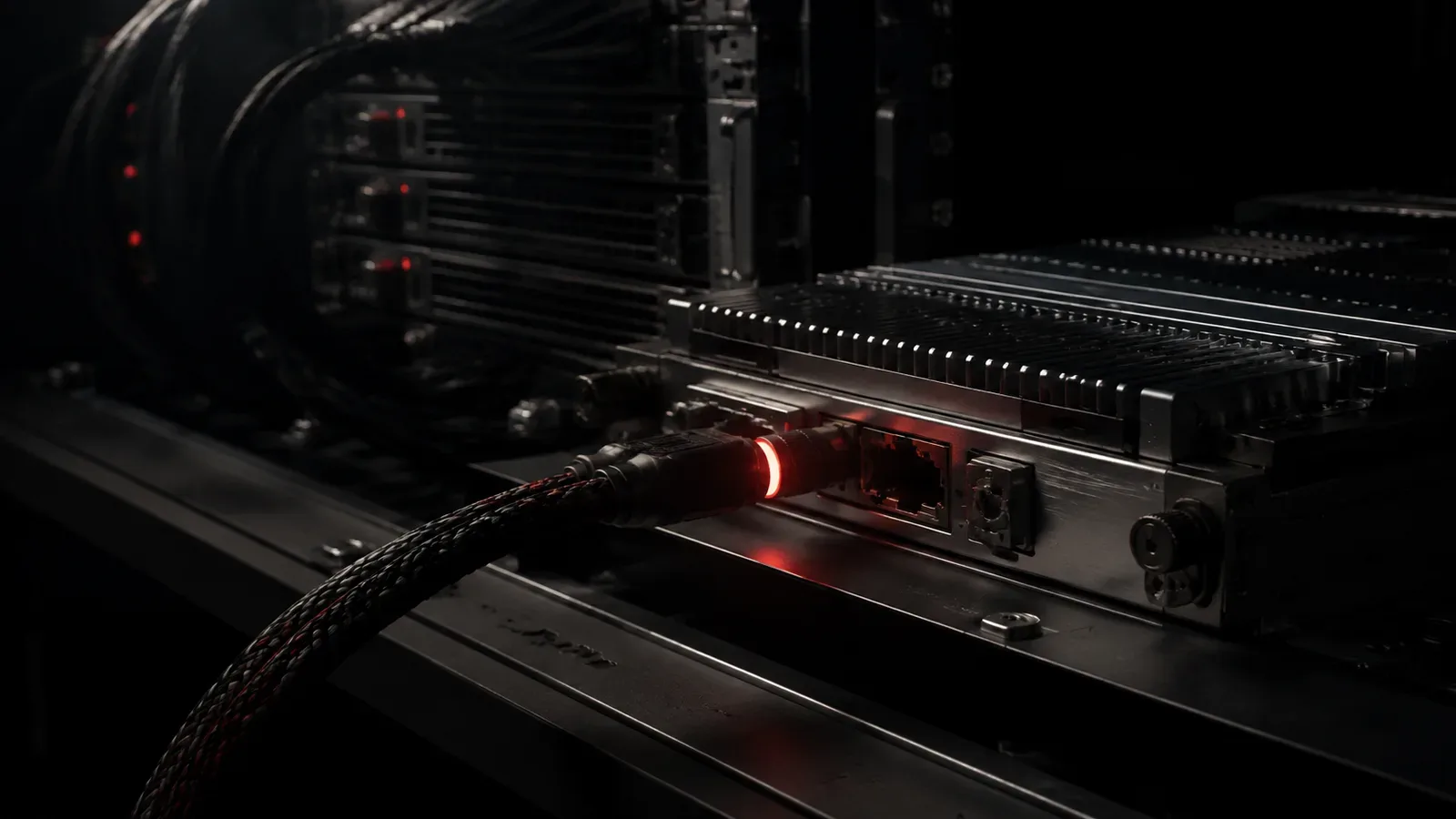 Interior de rack de servidores em estúdio escuro com módulo de processamento usinado, cabo óptico trançado e colar de status iluminado
