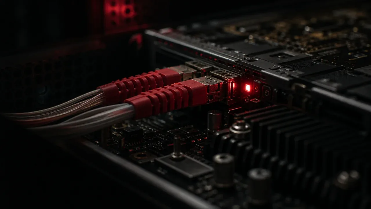 Placa de rede de alta velocidade e cabos de fibra óptica com conector carmim em servidor rack