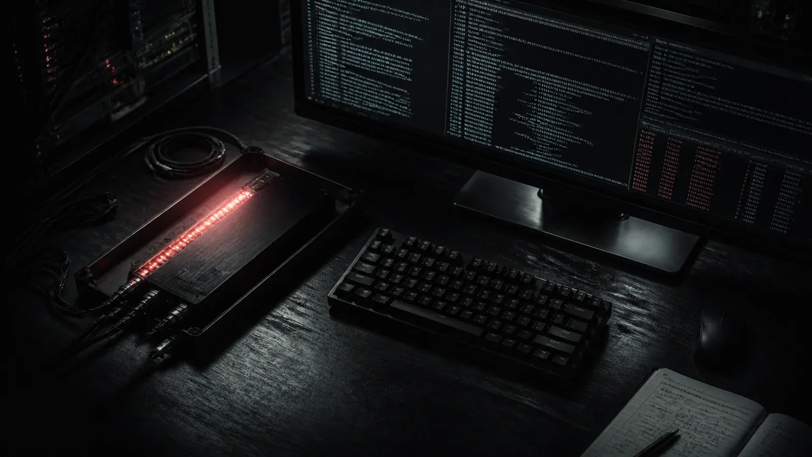 Bancada de engenharia de sistemas Linux com código eBPF compilado e unidade de telemetria com indicador LED carmim