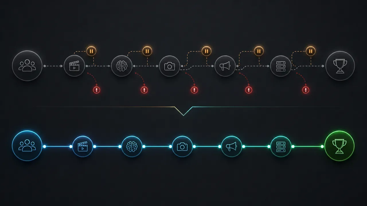Linha do tempo comparando um projeto com fornecedores avulsos e um projeto com ecossistema integrado, mostrando pontos de atrito e velocidade