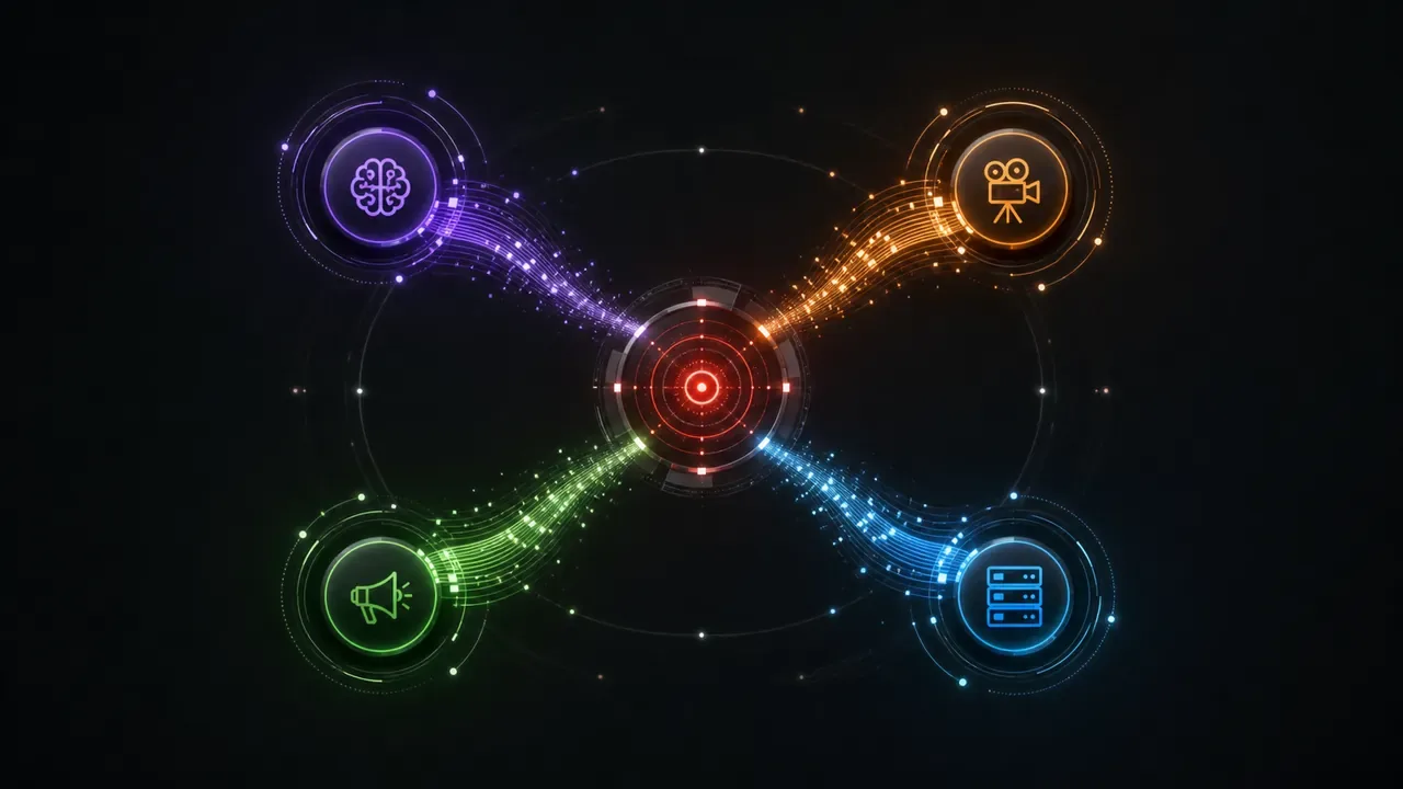 Diagrama mostrando como IA, audiovisual, tráfego e infra compartilham dados em tempo real dentro de uma operação integrada