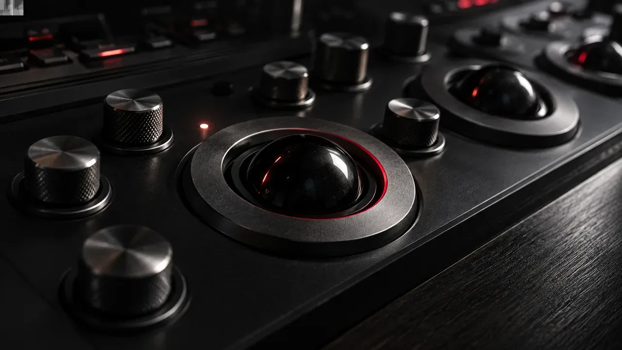 Console de color grading com trackballs ópticos de precisão e anéis usinados em estúdio escurecido