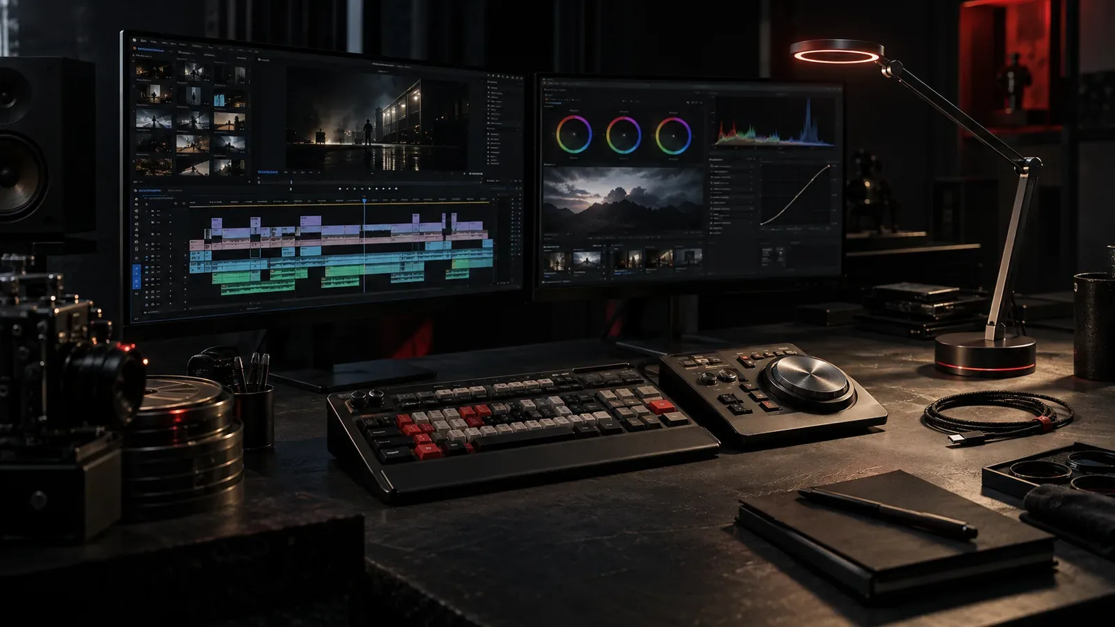Suíte profissional de edição e pós-produção audiovisual com monitores duplos e console de edição