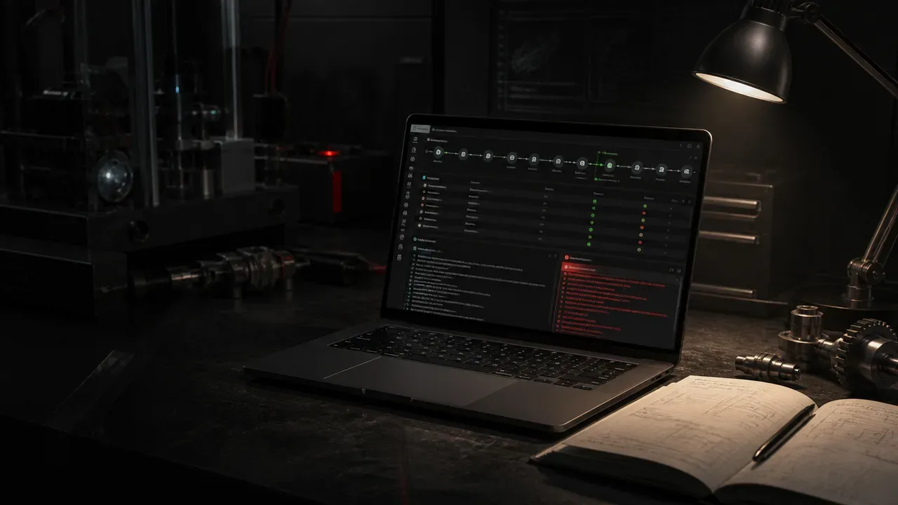 Bancada de desenvolvimento de software com múltiplos monitores exibindo arquitetura de microsserviços e logs de produção, com luminária de foco direcionada