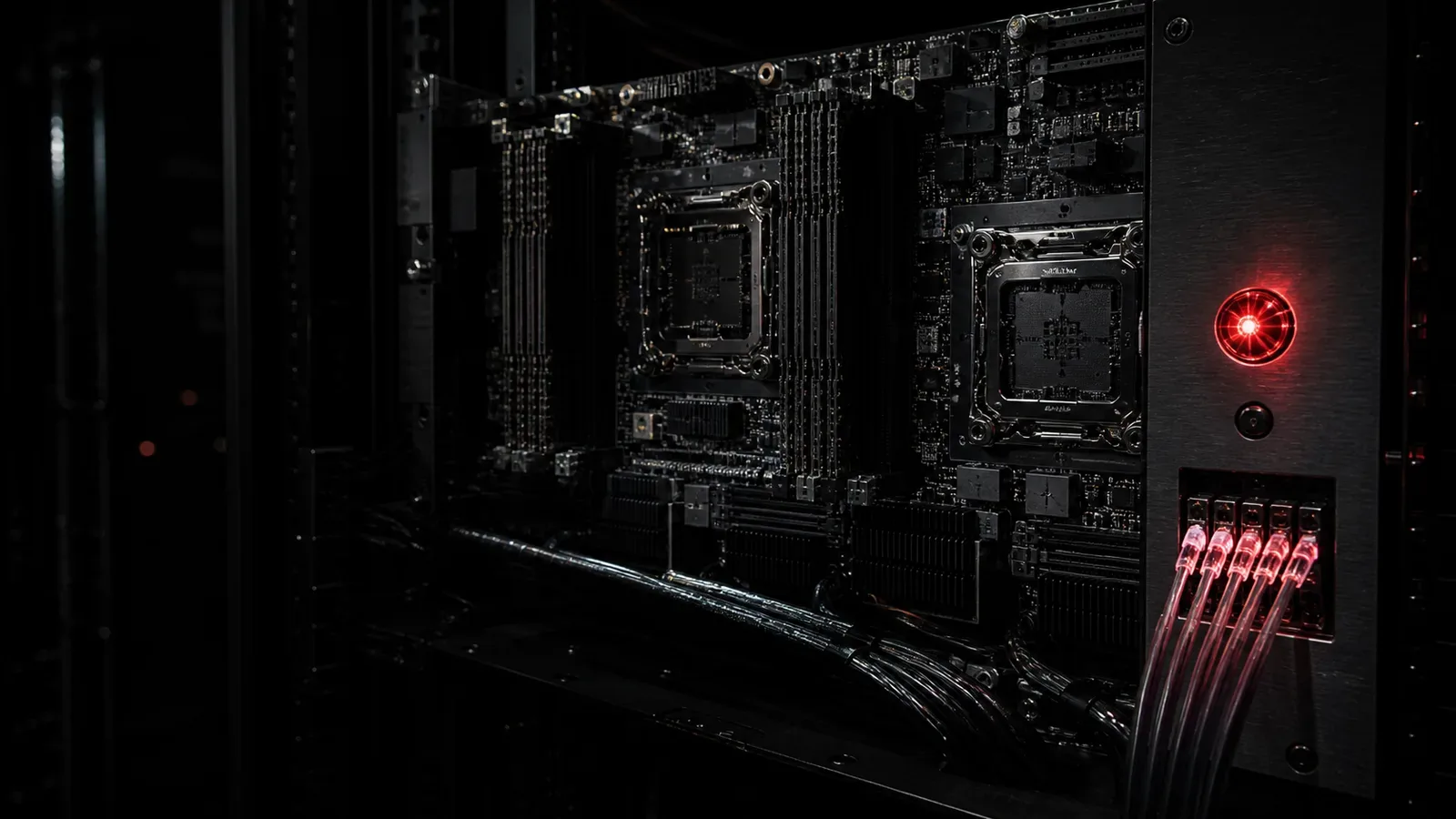 Placa-mãe de servidor de alta densidade em datacenter escuro com indicador luminoso carmim
