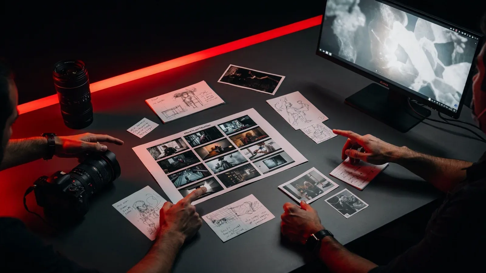 Mesa de planejamento audiovisual com storyboard, lentes, monitor e anotações de pré-produção em luz cinematográfica