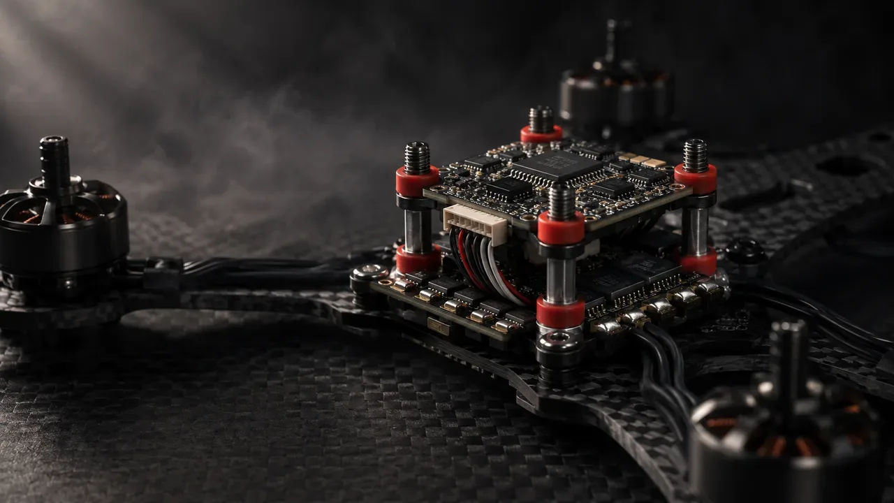 Montagem de coluna stack com ESC 4 em 1 e amortecedores de vibração