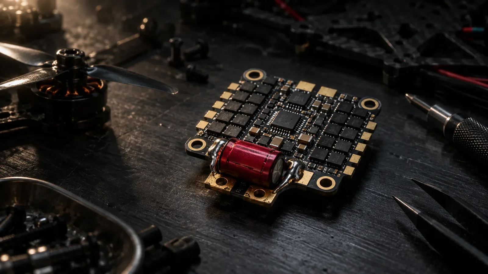 Placa de ESC 4 em 1 com transistores MOSFET e capacitor Low ESR em bancada técnica escura