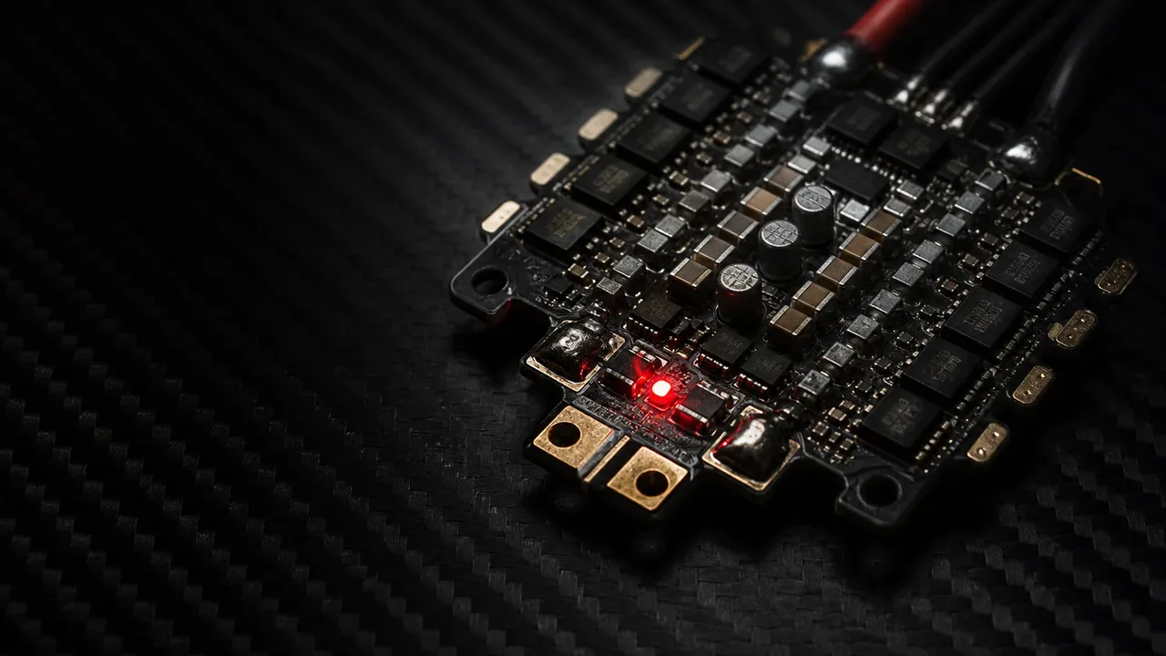 Módulo ESC 4-em-1 de cinema FPV em placa de circuito impresso com MOSFETs e pads de solda reforçados