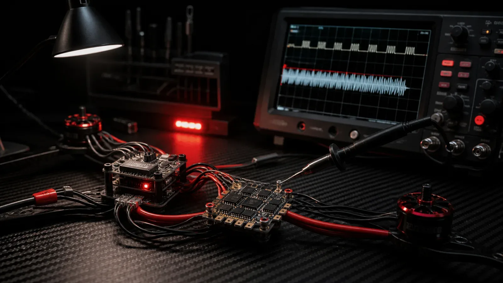 Bancada de testes de eletrônica com controladora de voo FPV e ESC 4-em-1 conectados a osciloscópio exibindo sinal digital DShot