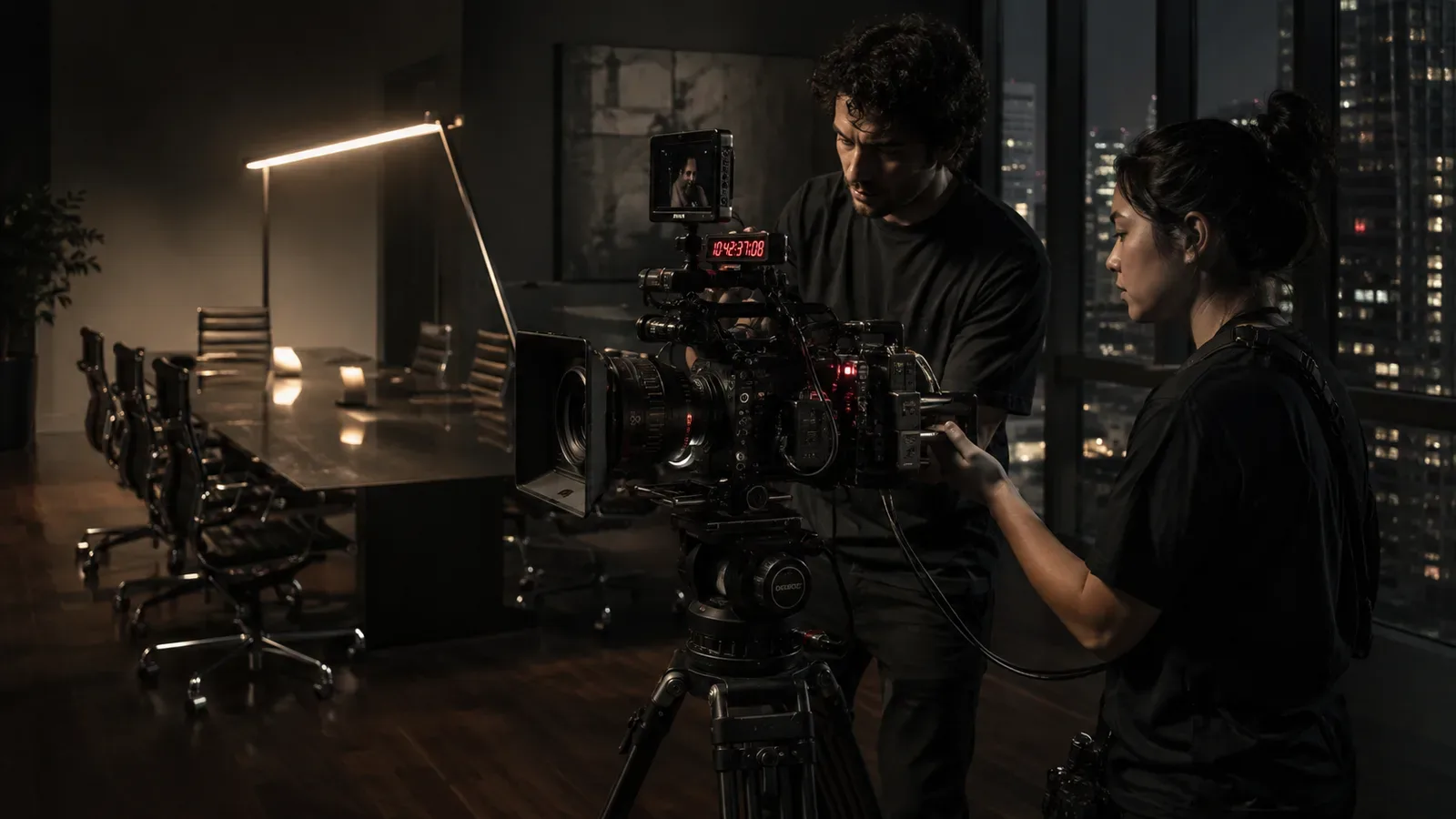 Operação técnica de câmera de cinema digital com gerador de timecode em escritório corporativo