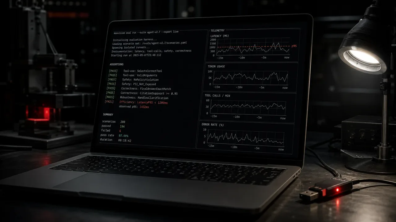 Laptop de desenvolvedor em bancada escura exibindo métricas de avaliação automatizada e testes de assertividade