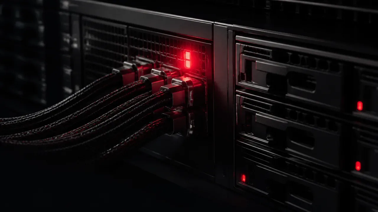 Rack de servidores corporativos com baias de armazenamento sólido e conectores de dados sob iluminação com LED de status carmim