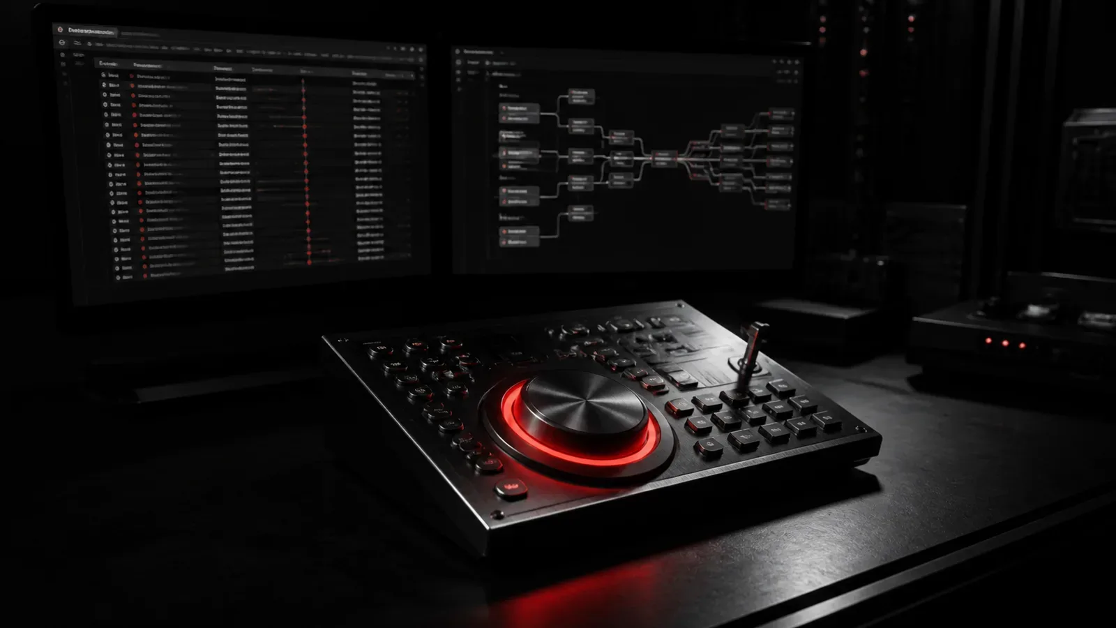 Estação de trabalho industrial com monitores exibindo streams de eventos e console de controle temporal com anel carmim iluminado
