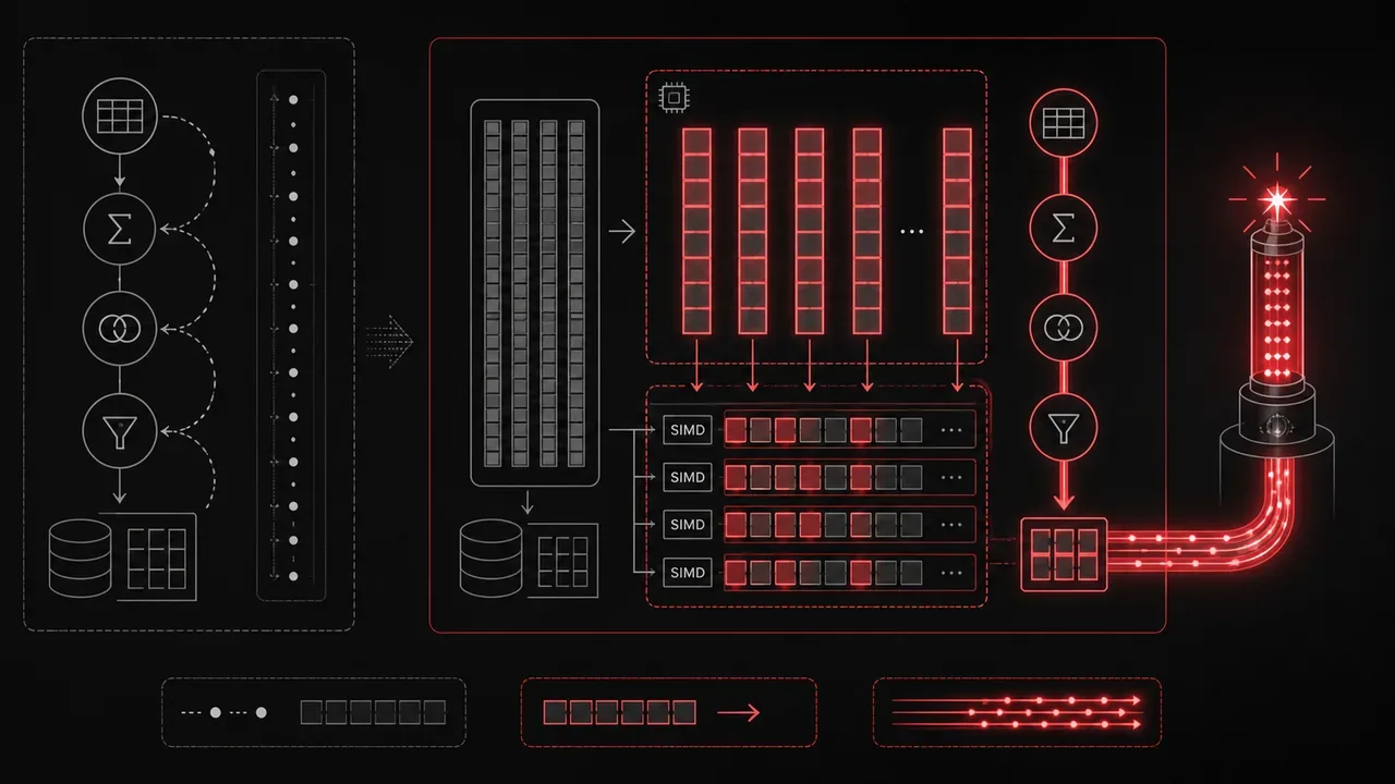 Diagrama técnico comparando a execução vetorizada de consultas ao modelo iterador Volcano