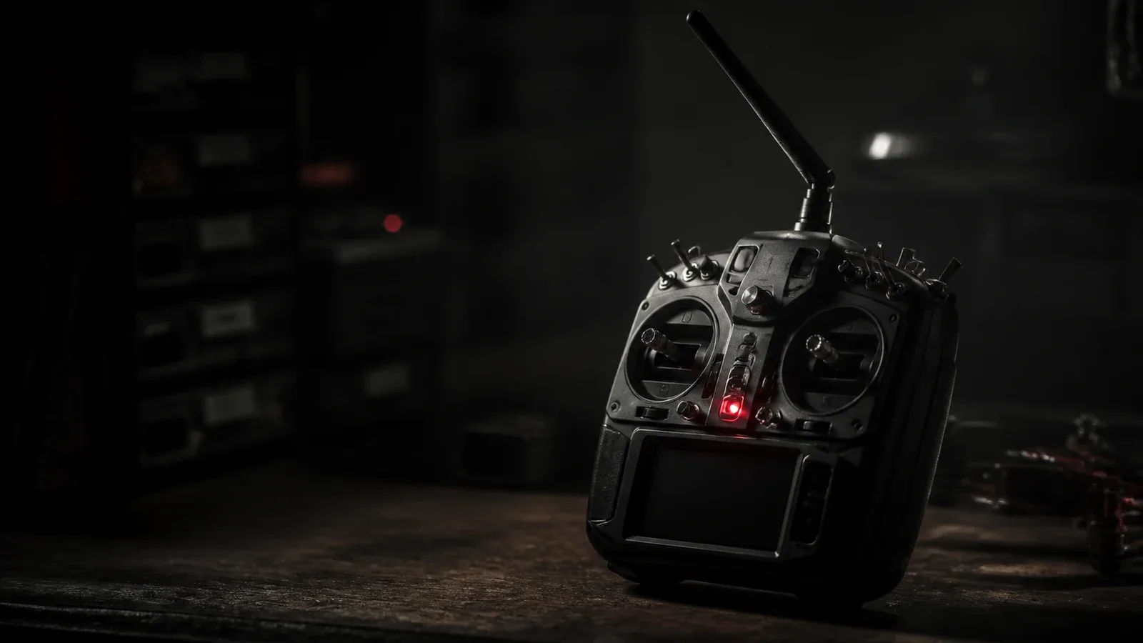 Transmissor de rádio FPV em bancada escura com antena e indicador luminoso vermelho aceso