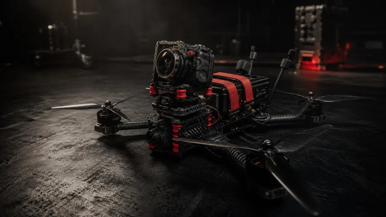 Drone CineLifter de alta capacidade em set de filmagem com dampers de silicone e antenas True Diversity