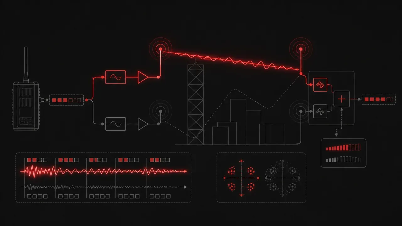 Diagrama esquemático de transmissão True Diversity em duas frequências simultâneas com destaque nos canais de RF