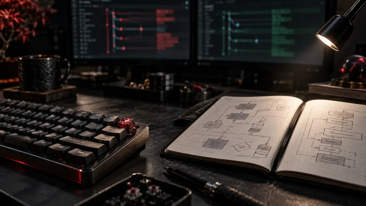 Bancada técnica de engenharia de software com teclado mecânico e documentação arquitetural sob iluminação pontual