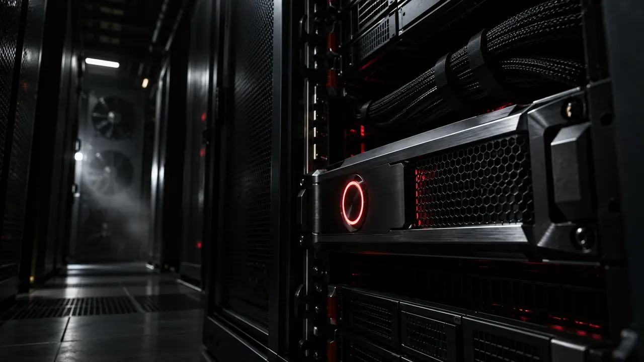 Rack de servidores corporativos dedicados com nó de processamento e sinalização de status sob iluminação direcional