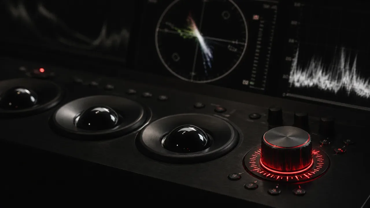 Bancada de pós-produção com monitores de scopes exibindo Vectorscope circular e Waveform com iluminação focada
