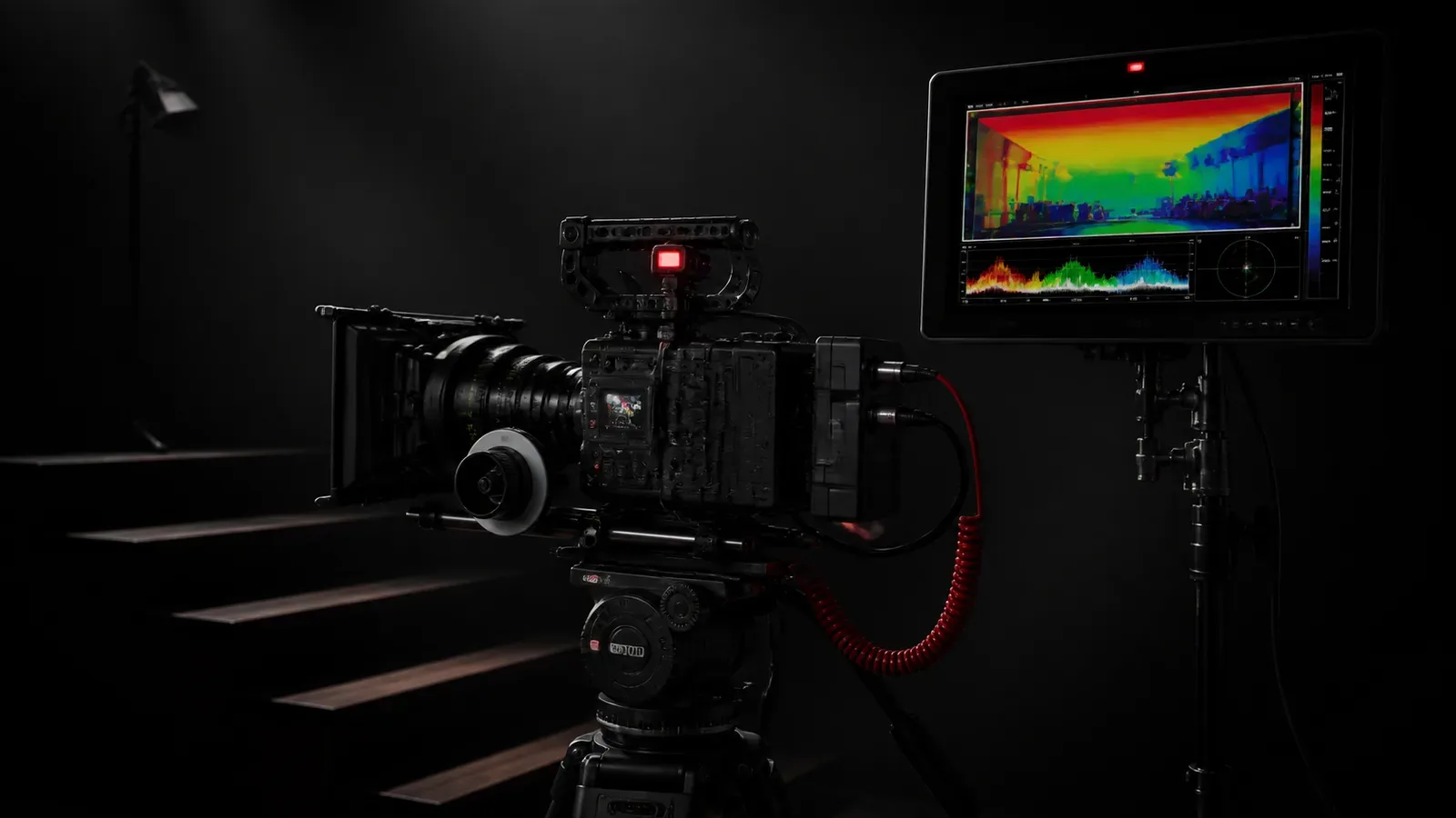 Monitor de referência de cinema exibindo Waveform RGB Parade e False Color em set de filmagem