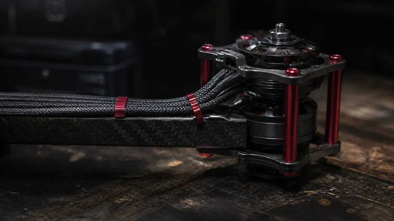 Detalhe de montagem coaxial de motores em braço de carbono de 10mm com fixadores anodizados