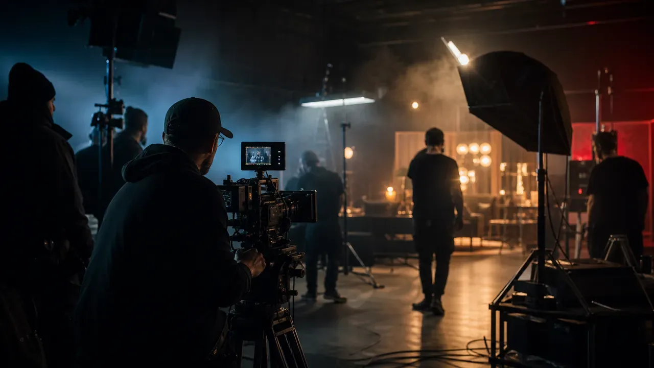 Equipe em set de filmagem para produção de filme de marca