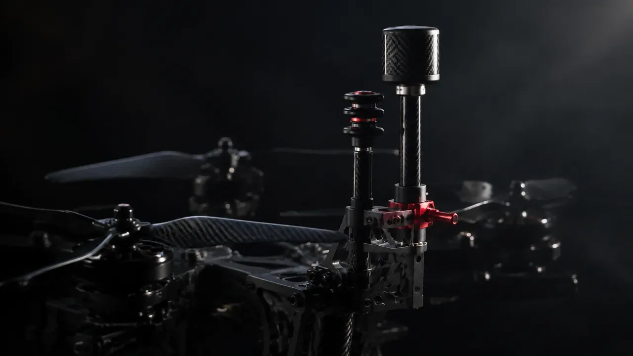Sistema GNSS RTK de dupla antena com braçadeira usinada e mastro de fibra de carbono em drone de cinema FPV
