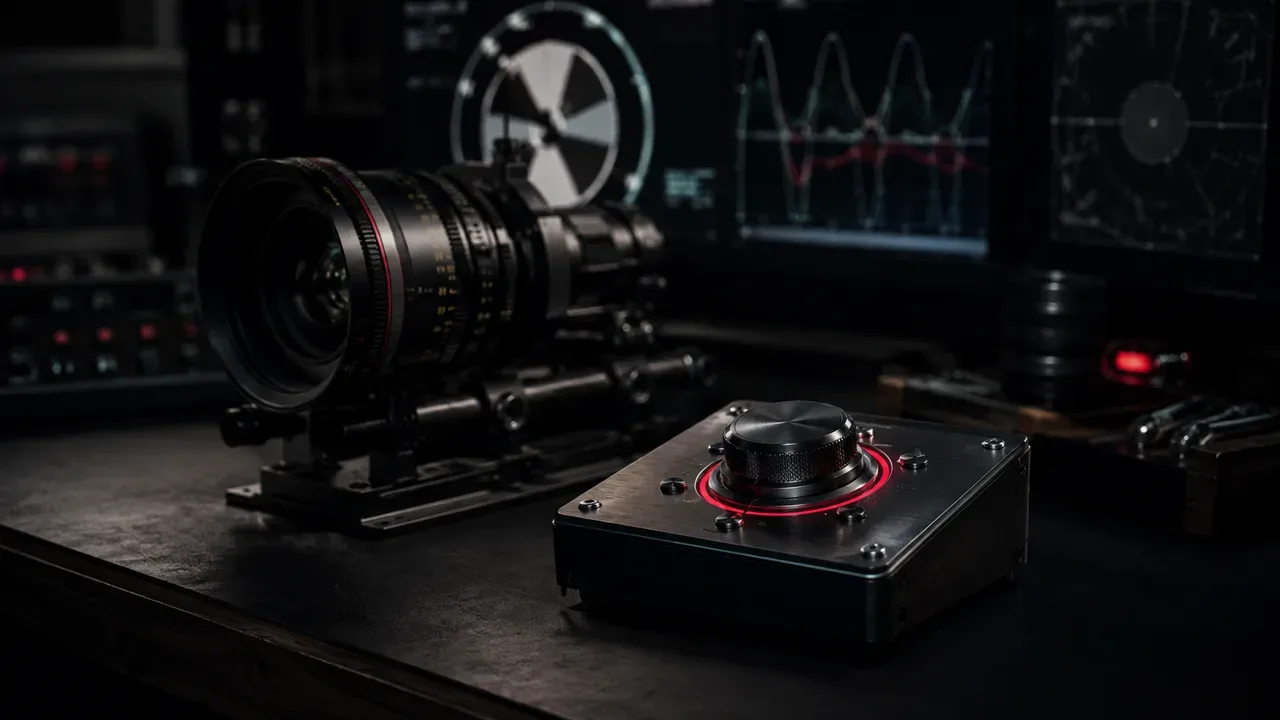 Estação de calibração de sensores e pós-produção com interface de dial rotativo carmim e lentes de cinema
