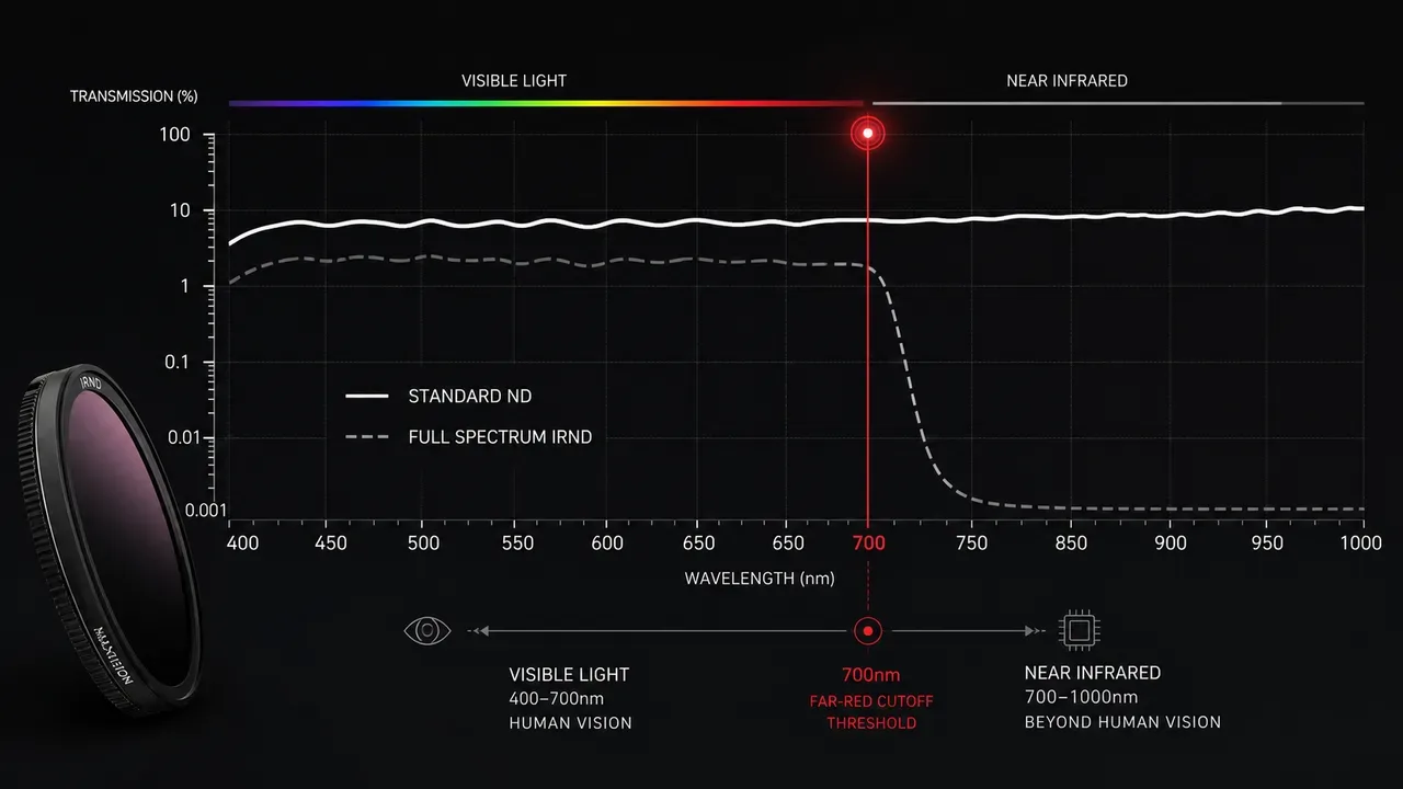 Diagrama técnico comparando a curva de transmissão espectral de filtros ND padrão vs Full Spectrum IRND destacando o limiar de corte de 700 nm em vermelho