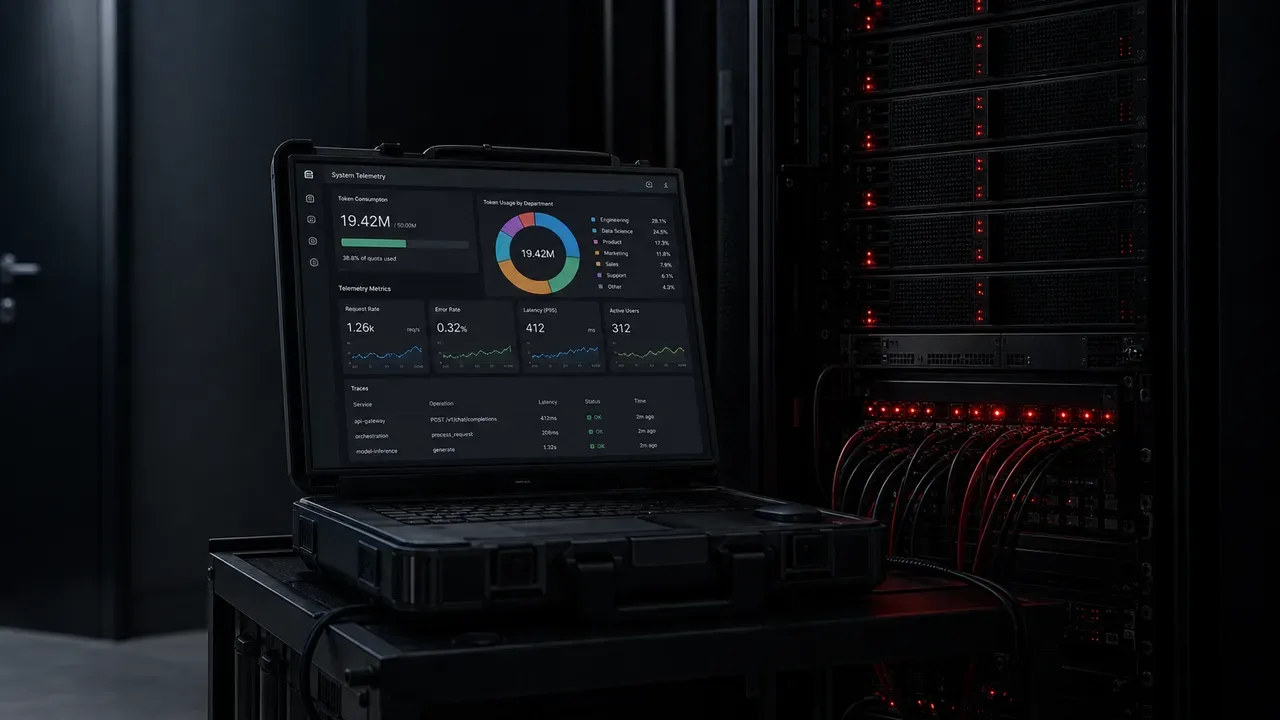 Rack de servidores corporativos com indicadores ópticos e terminal exibindo telemetria OpenTelemetry e quotas de tokens com luzes carmim