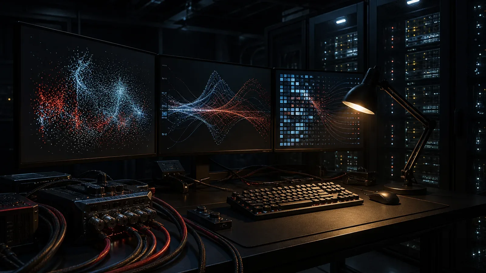 Bancada de engenharia e operações de inteligência artificial em ambiente escuro de centro de dados com monitores exibindo métricas de FinOps e roteamento de LLMs com luminária acesa sobre a mesa grafite